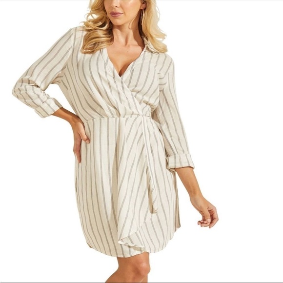 𝅺GUESS Rayon LINEN BLEND A-Line Cream Gray Dress Size Medium 8/10 NEW - Picture 1 of 10